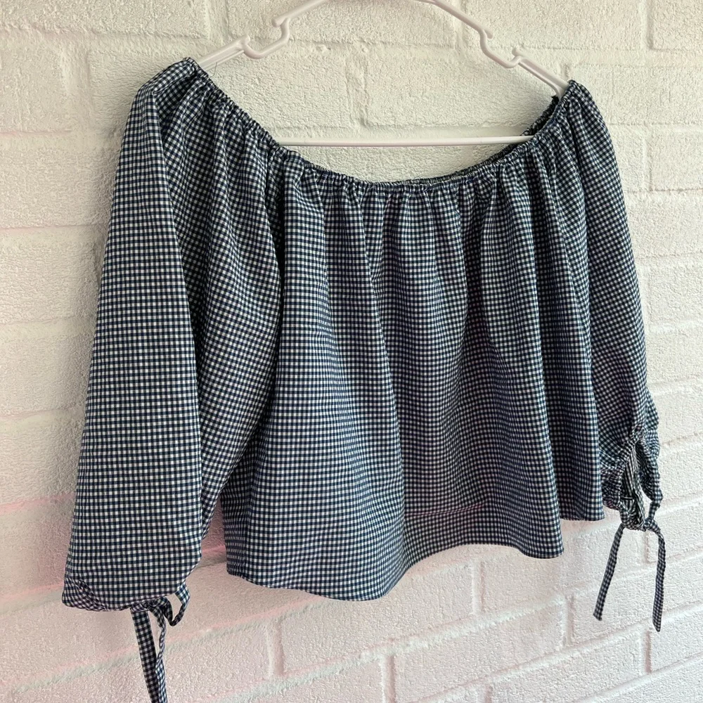 ZARA gingham cropped puff sleeve tie sleeve off shoulder blouse blue&white XS - Picture 4 of 7
